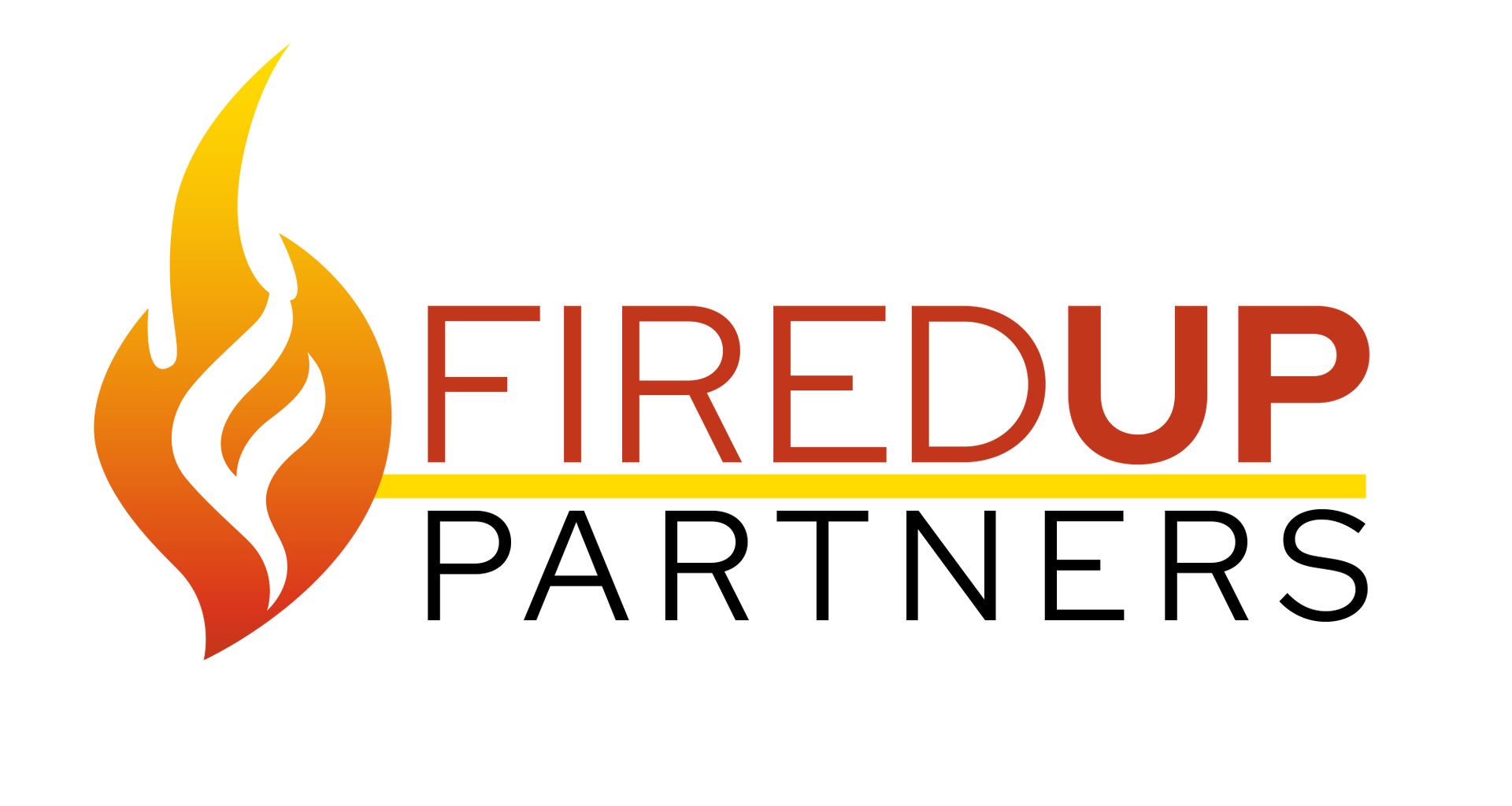 Fired Up Partners logo featuring a stylized flame icon with bold orange and black text.” 