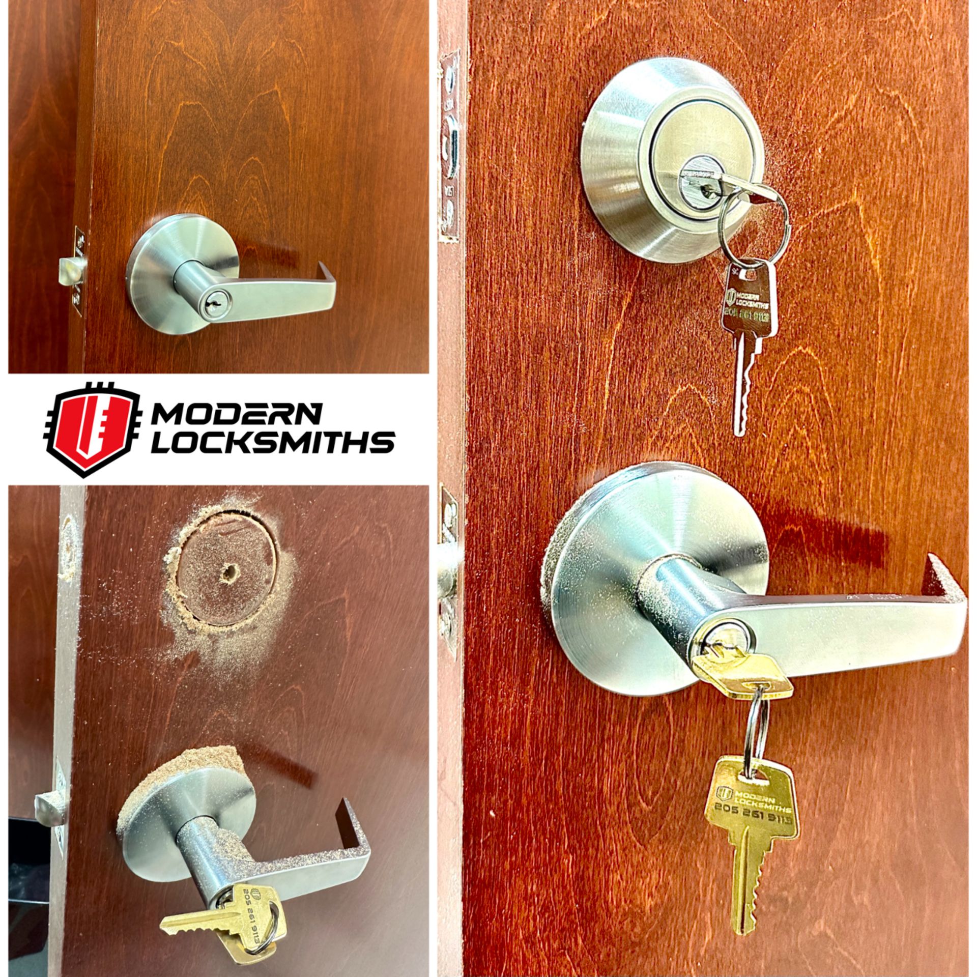 A door with a hole cut in it for lock installation