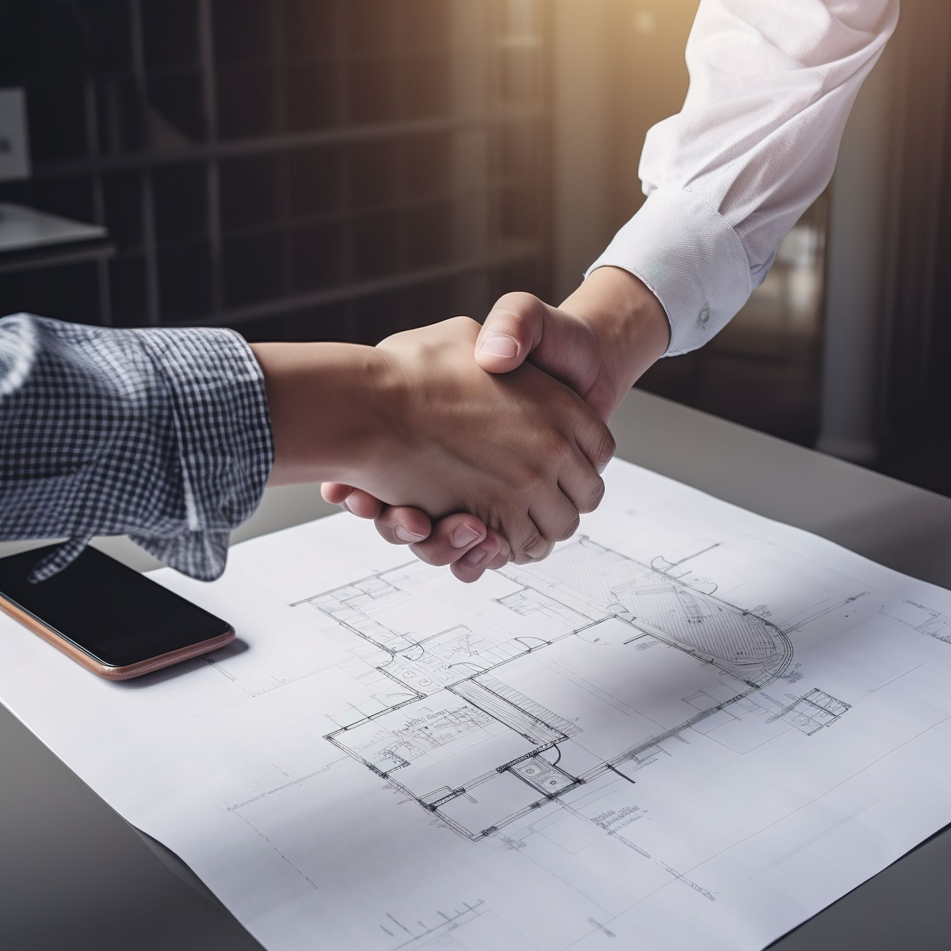 Two people shaking hands over architectural blueprints beside a smartphone on a desk