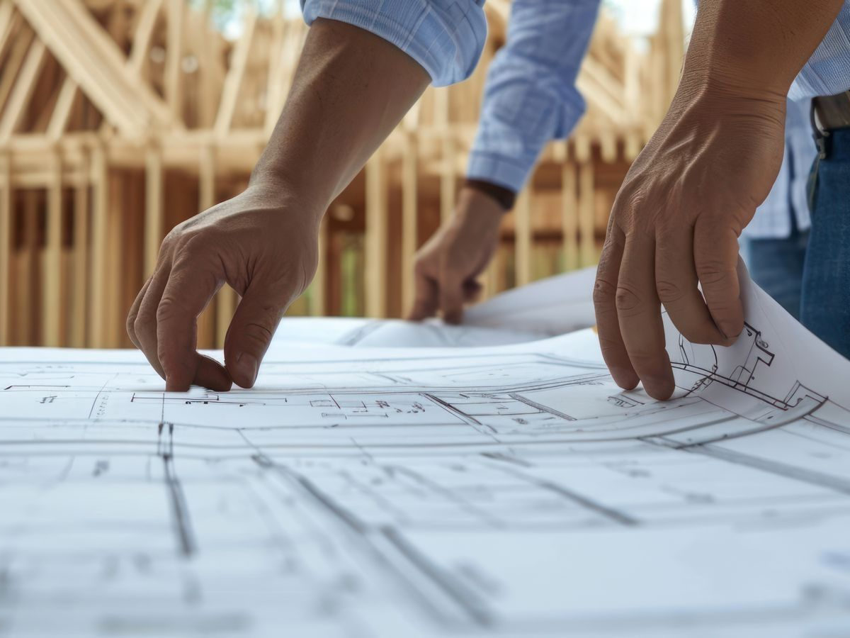 Hands examining blueprints on a construction site with wooden framing in the background