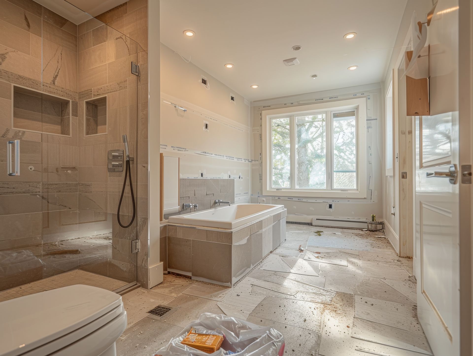 Modern bathroom with glass shower, freestanding tub, marble tile, and a window view