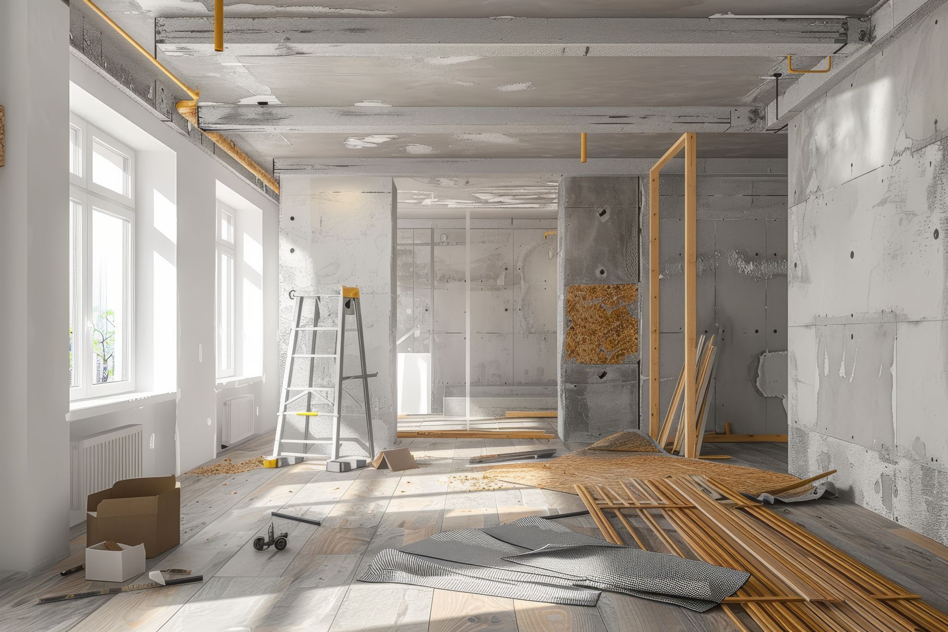 Partially renovated room with ladder, tools, exposed walls, and construction debris on the floor