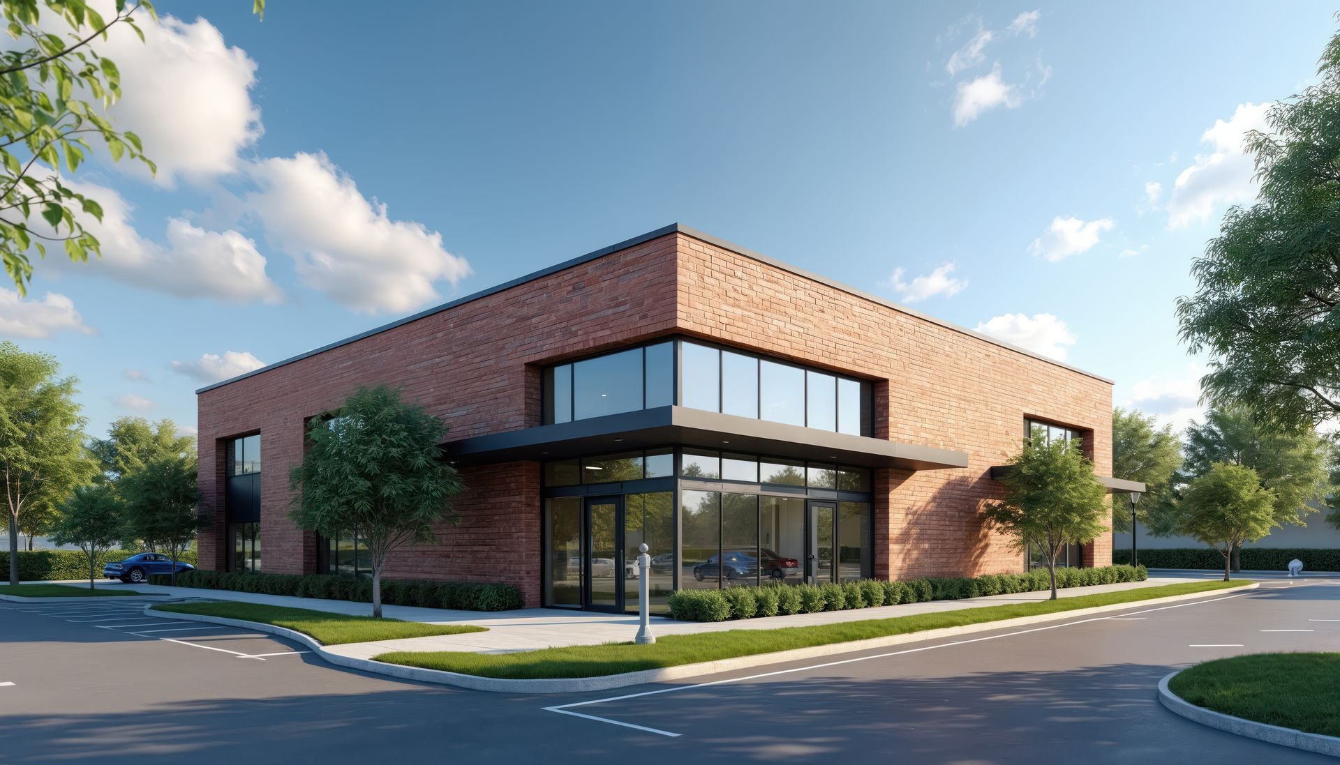 Modern brick office building with large glass windows and a parking lot under a blue sky
