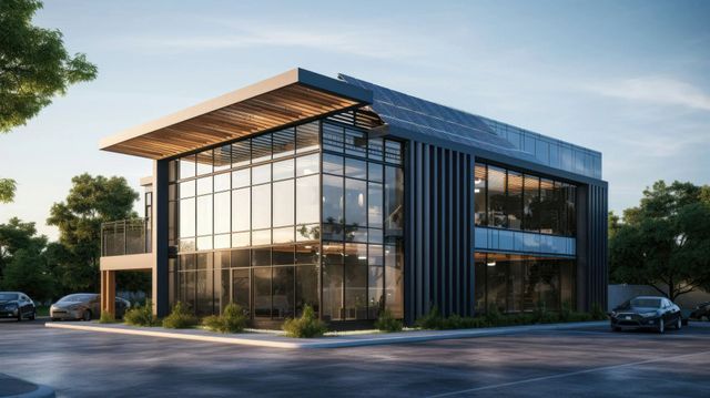 Modern glass-and-wood office building with reflective windows, lit at dusk and surrounded by trees.