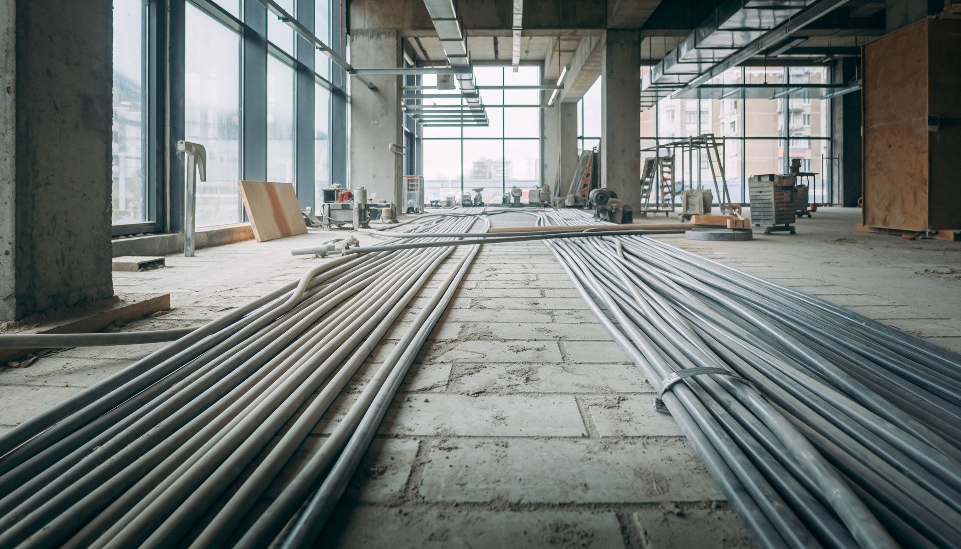 Stacks of metal rebar laid across a dusty floor inside an unfinished industrial building