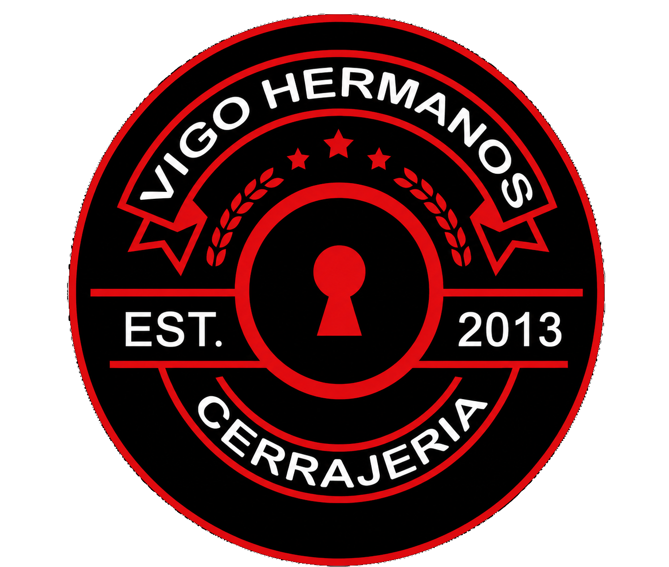 Black-and-red circular logo for Vigo Hermanos Cerrajería with keyhole emblem and EST. 2013.