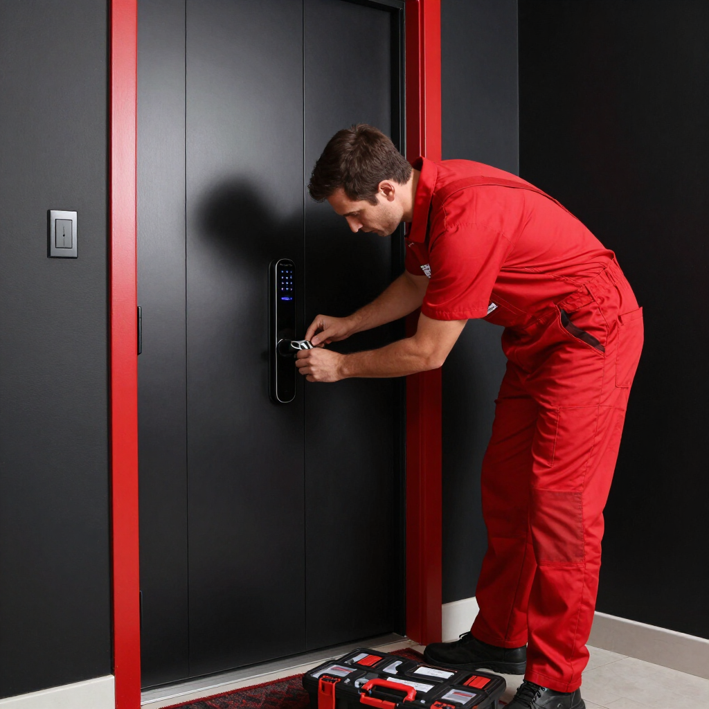 Técnico con mono rojo abriendo una caja fuerte negra con una herramienta en un taller.