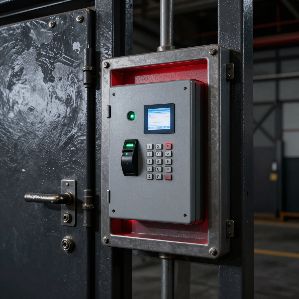Teclado y lector de tarjetas industriales instalados junto a una puerta metálica cerrada con llave.