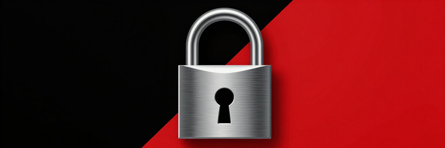 Candado plateado sobre fondo rojo y negro, que simboliza seguridad o acceso bloqueado.