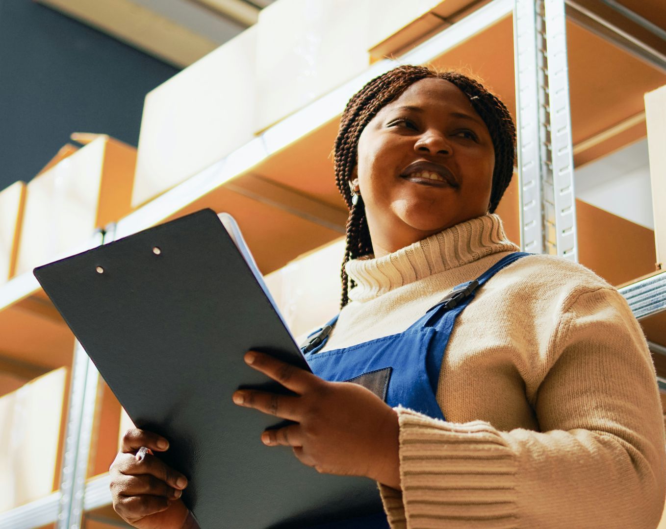 A woman is holding a clipboard in a warehouse