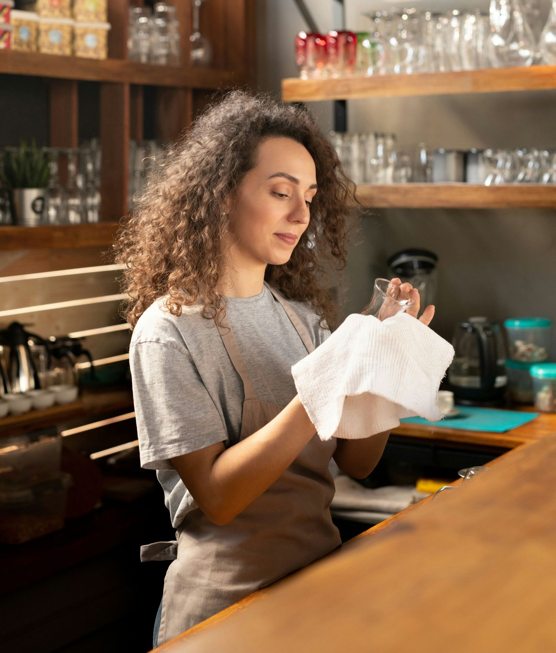 A woman is cleaning a glass with a towel in a kitchen.