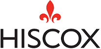 A logo for hiscox with a red fleur de lis on a white background.