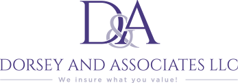 The logo for dorsey and associates llc is purple and white.