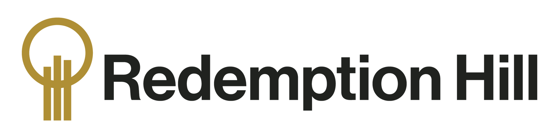 The logo for redemption hill is black and gold with a tree in the middle.