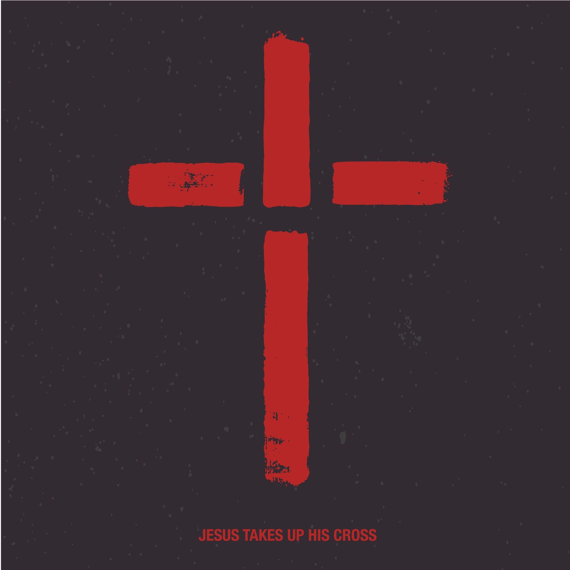 A red cross on a black background with the words `` jesus takes up his cross '' below it.