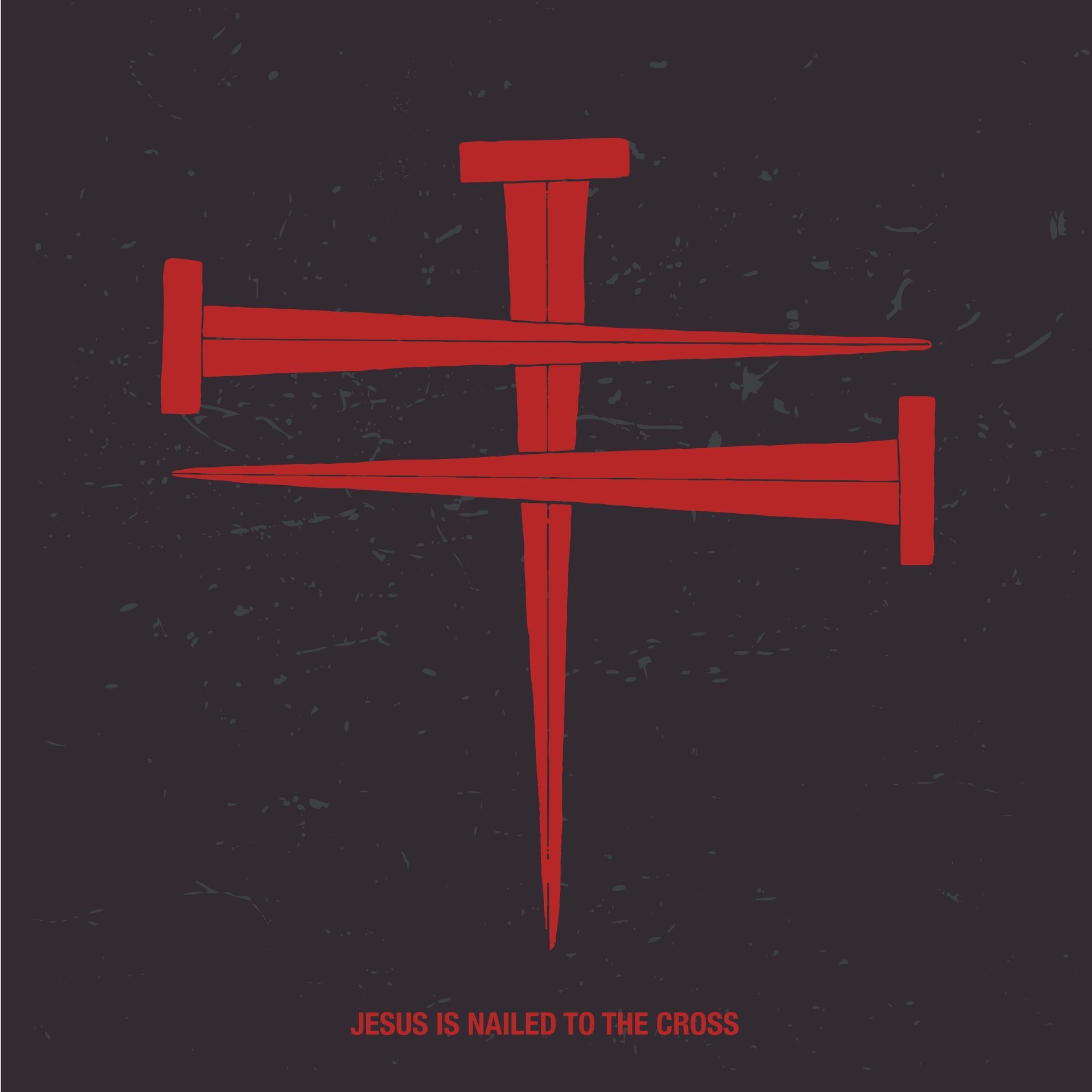 Jesus is nailed to the cross with three red nails.