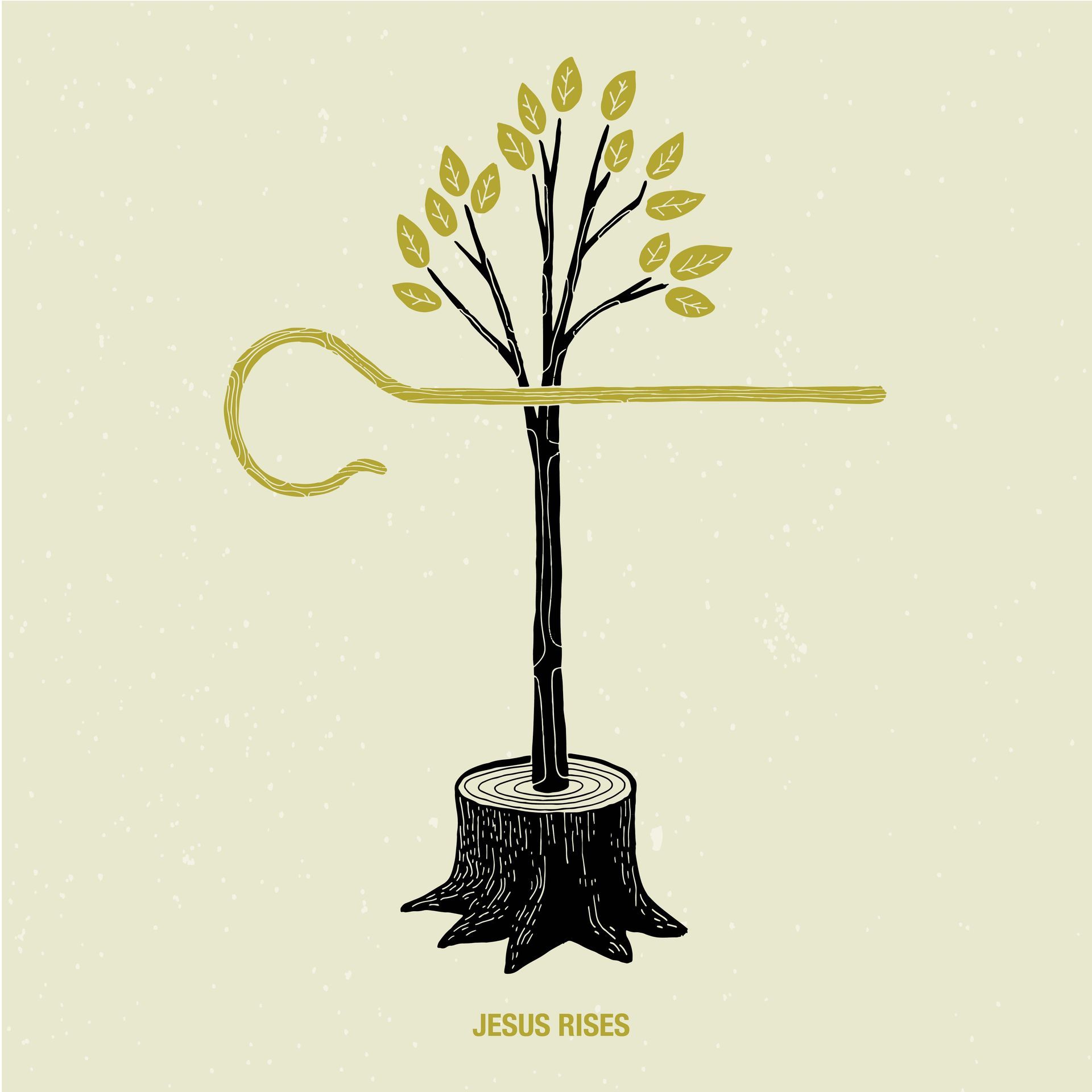 An illustration of a tree growing out of a stump that says jesus rises