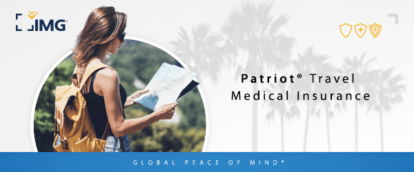 Woman with backpack looking at a map with palm trees and text promoting Patriot Travel Medical Insurance.