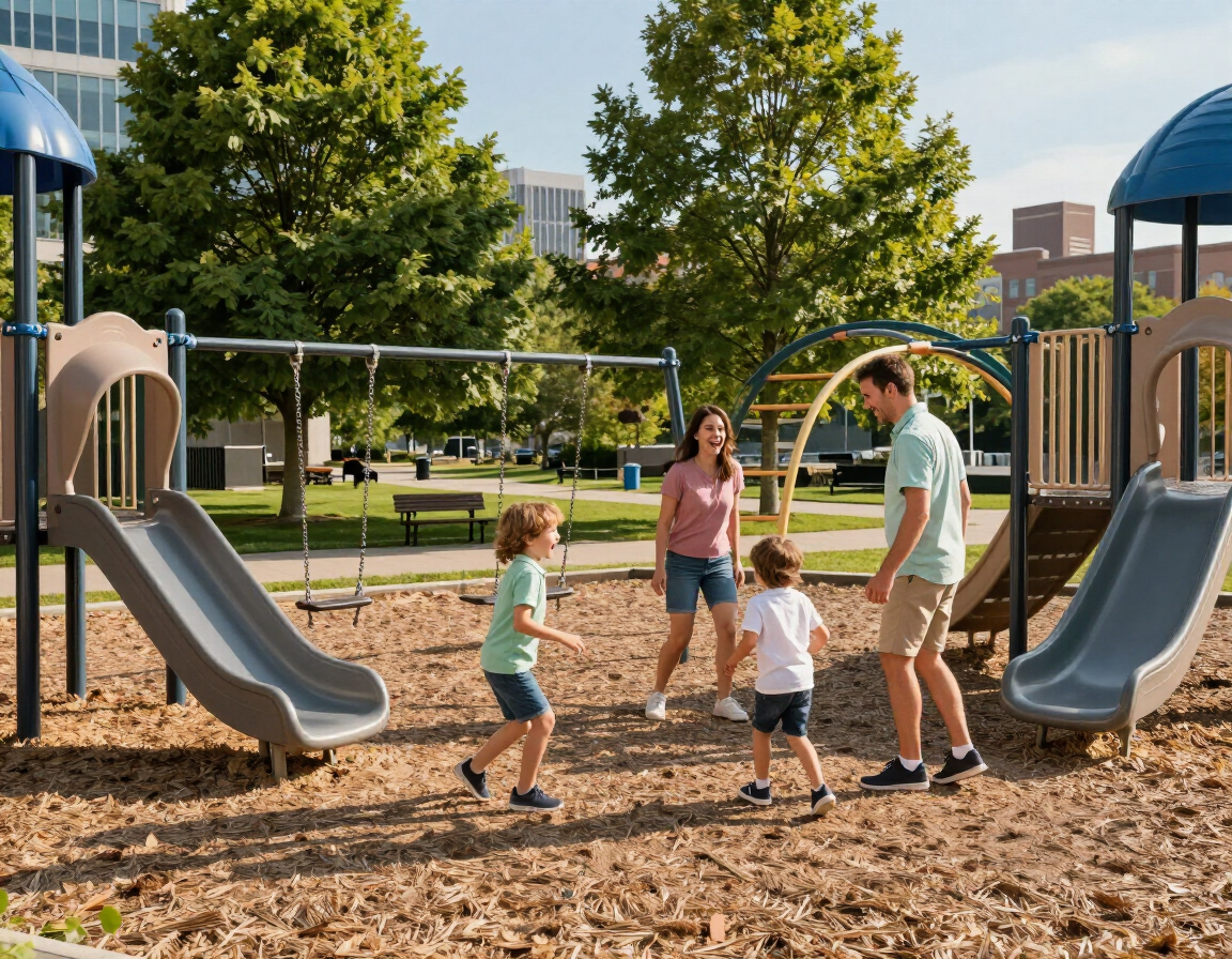 Family enjoying a park playground in Eau Claire