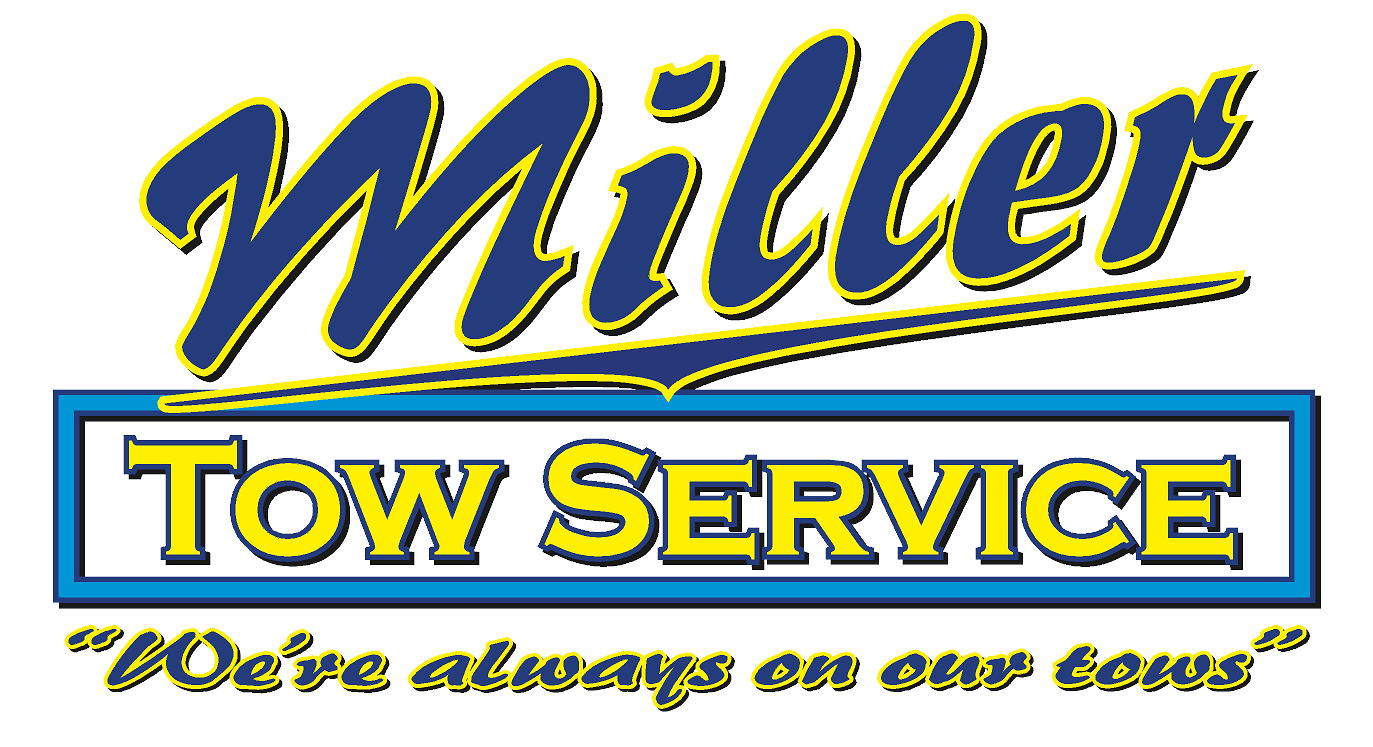Miller Tow Service logo in blue, yellow, and black with the slogan “We’re always on our toes!”