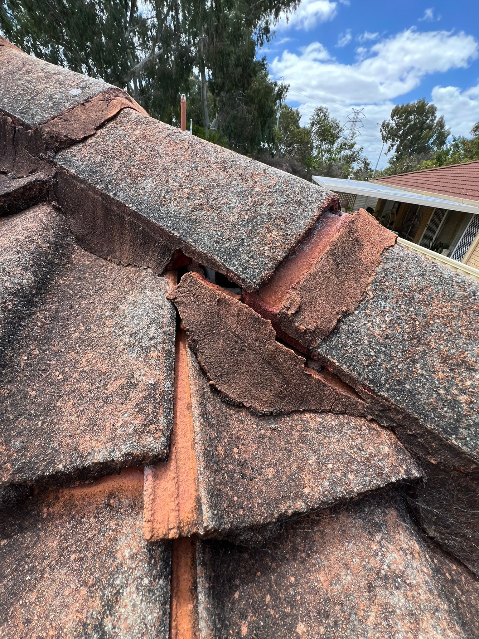 Cracked concrete roof tiles with damaged mortar bedding were identified during a structural building inspection.