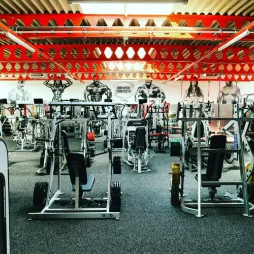 A gym with rows of weight machines, featuring red overhead structural beams and wall murals of silhouettes of bodybuilders.