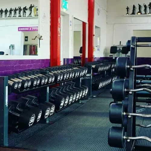 Dumbbell and barbell racks in a gym with purple walls, red pillars, and trophy figurines displayed on high shelves.