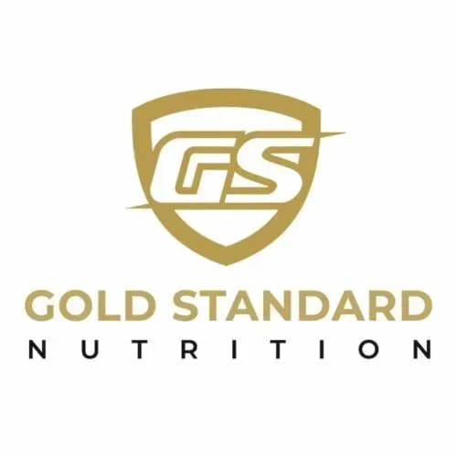 Logo for Gold Standard Nutrition: a gold shield icon containing the letters GS, over the brand name in gold and black text.