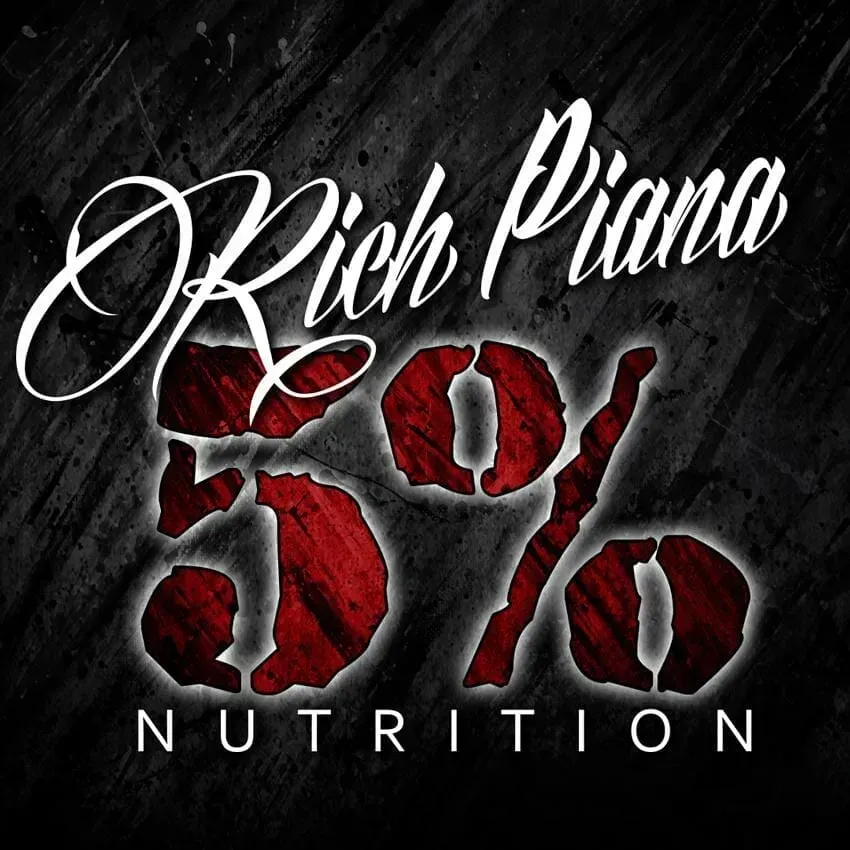 Logo for Rich Piana 5% Nutrition with white script text over a large, distressed red