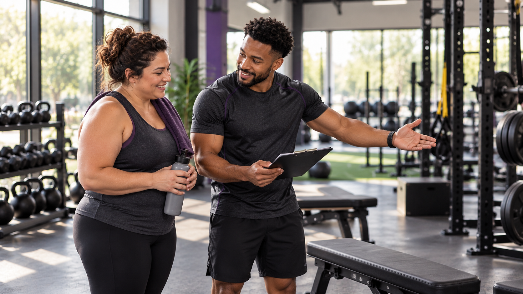Two people talking at a gym, one gesturing beside weight benches and exercise equipment.