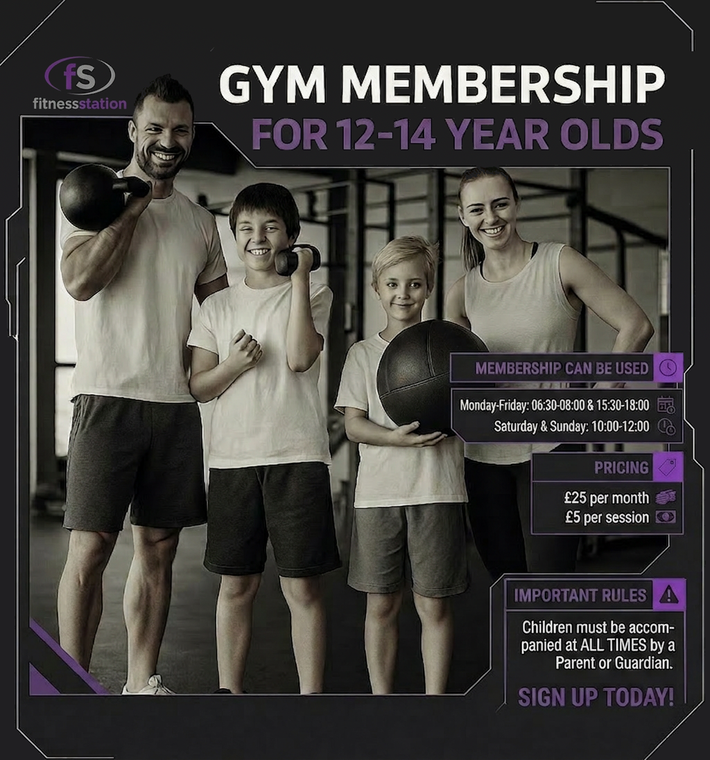 Gym membership advertisement for 12-14 year olds featuring four people exercising in a gym, with hours, pricing, and rules.