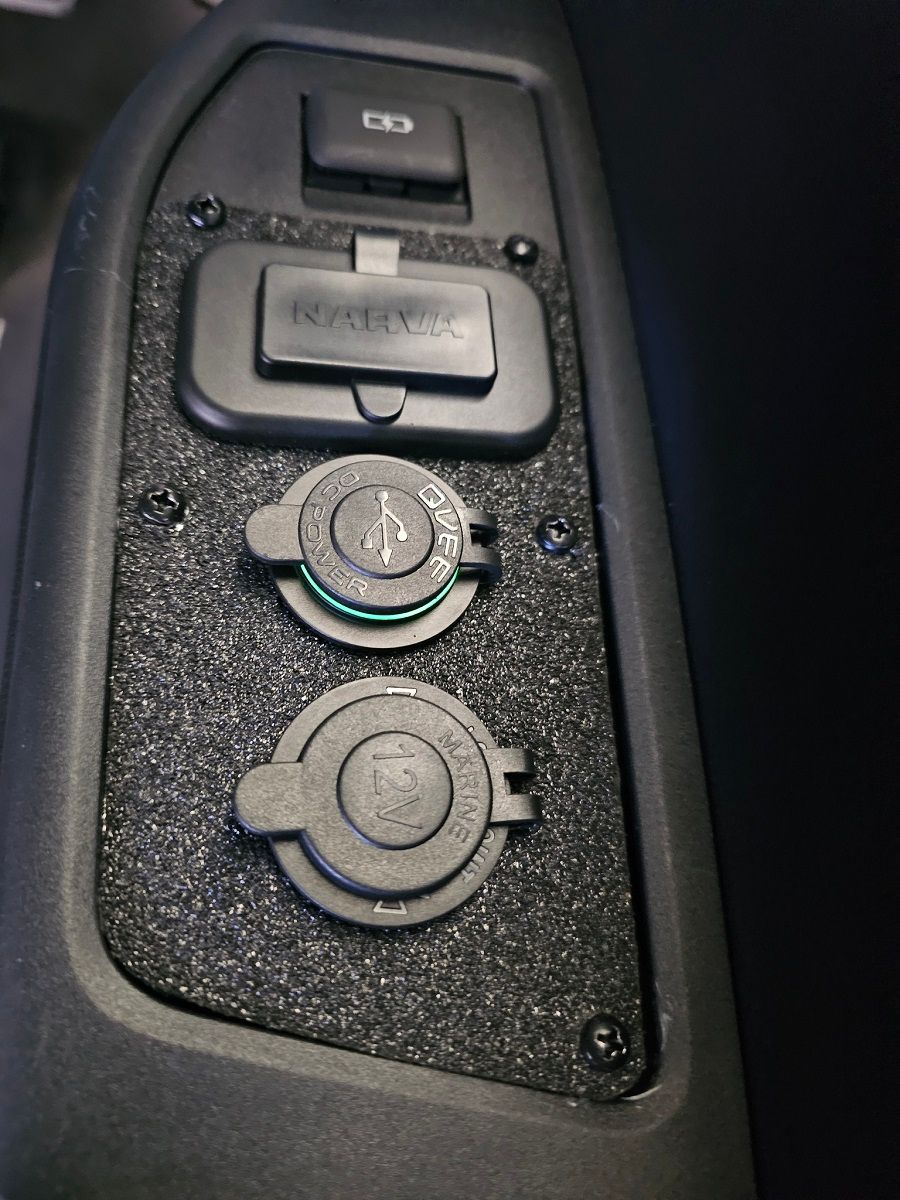 Rear power socket and dual USB charge port installed in coffee cup holder, LandCruiser