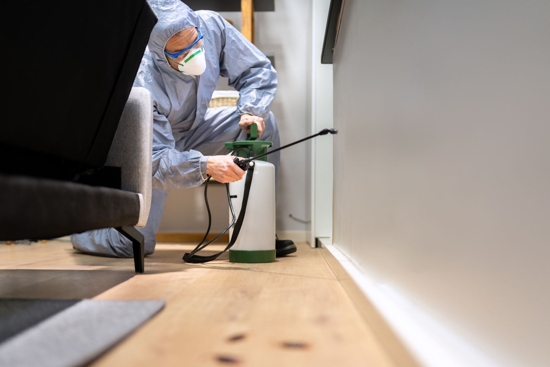 Technician in protective suit spraying pesticide along a baseboard in a room