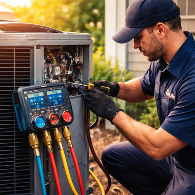 HVAC technician working on an air conditioning unit outside, connecting gauges and using tools.