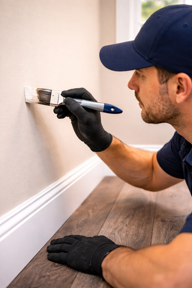 Person paints around an electrical outlet on a beige wall, wearing gloves and a cap.
