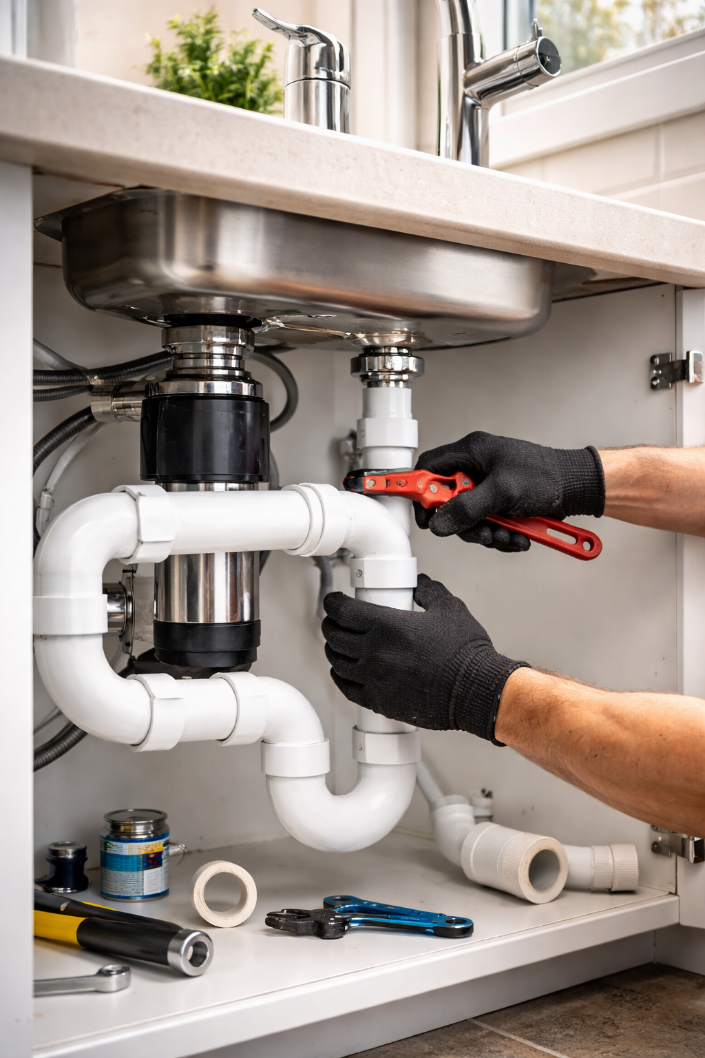 Hands wearing black gloves using a wrench to repair plumbing under a kitchen sink.