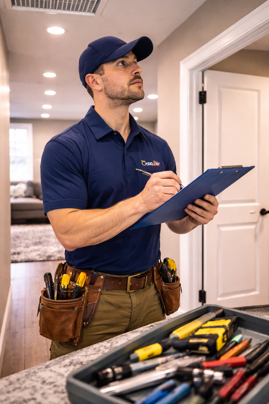 A service technician in a blue polo and cap inspecting a hallway, writing on a clipboard.
