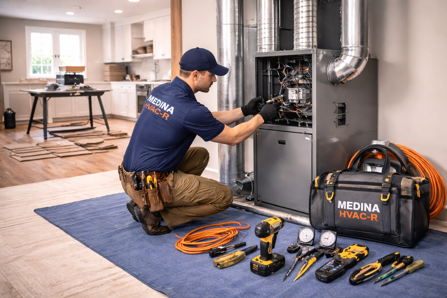 HVAC technician inspecting a furnace in a home. Tools are laid out, wearing a uniform.