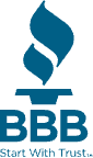Blue Better Business Bureau logo with flame above 