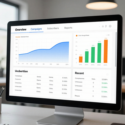 Desktop monitor showing an analytics dashboard with blue line and green-orange bar charts.