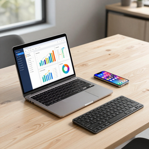 Laptop showing analytics dashboard beside smartphone and keyboard on a wooden desk