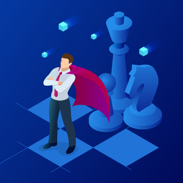 Confident businessman with red cape standing beside large blue chess pieces on a digital board