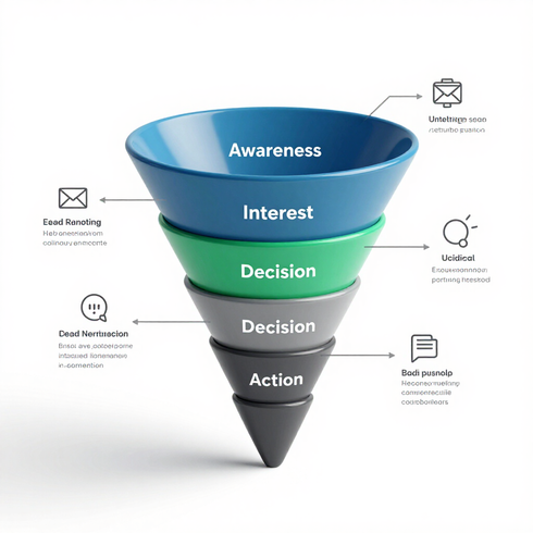 Colorful sales funnel diagram showing Awareness, Interest, Decision, and Action stages with icons and arrows
