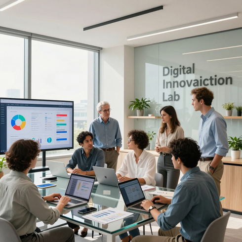 Team meeting in a bright office lab with laptop