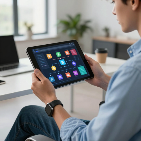 Person holding a tablet with colorful app icon