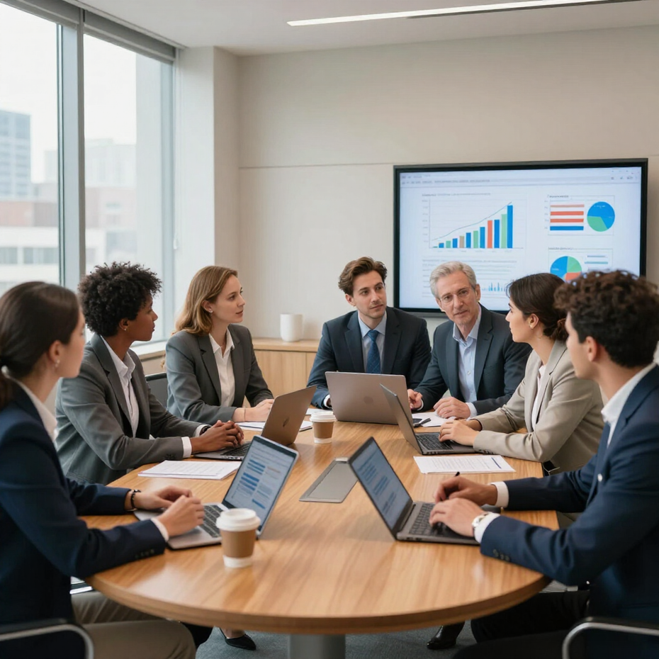 Business meeting around a conference table with laptops and charts on a wall screen