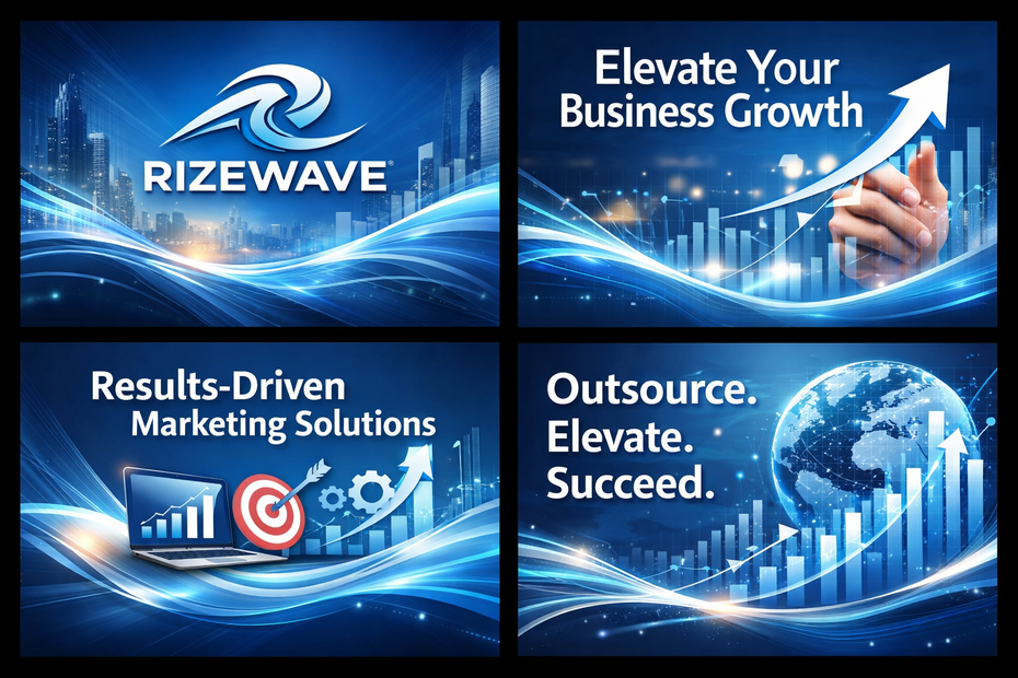 Blue four-panel marketing graphic for RIZEWAVE with growth charts and business slogans