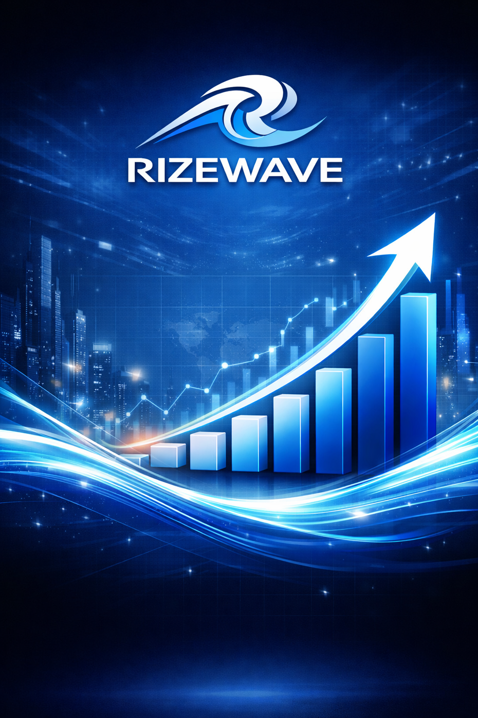 RIZEWAVE logo above a blue rising bar chart with an upward arrow, symbolizing growth and progress