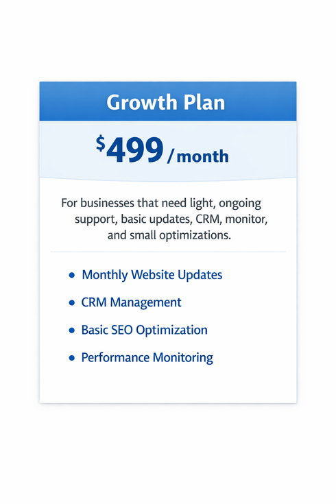Blue “Growth Plan” pricing card with $499/month and service bullet points