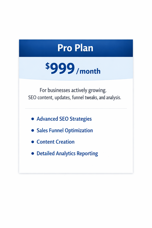 Pro Plan pricing card with $999/month and bullet points for business growth features